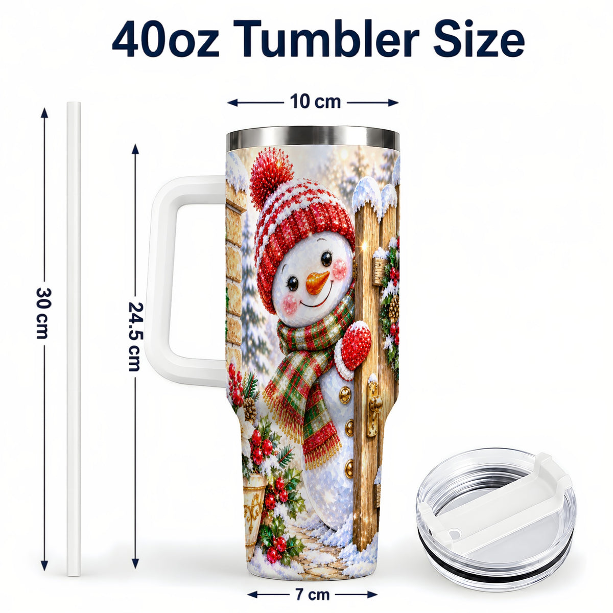 #pl[40oz|White] Jeweled Snowman 40oz Tumbler with Handle, Christmas Garden Travel Cup