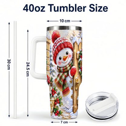 #pl[40oz|White] Jeweled Snowman 40oz Tumbler with Handle, Christmas Garden Travel Cup
