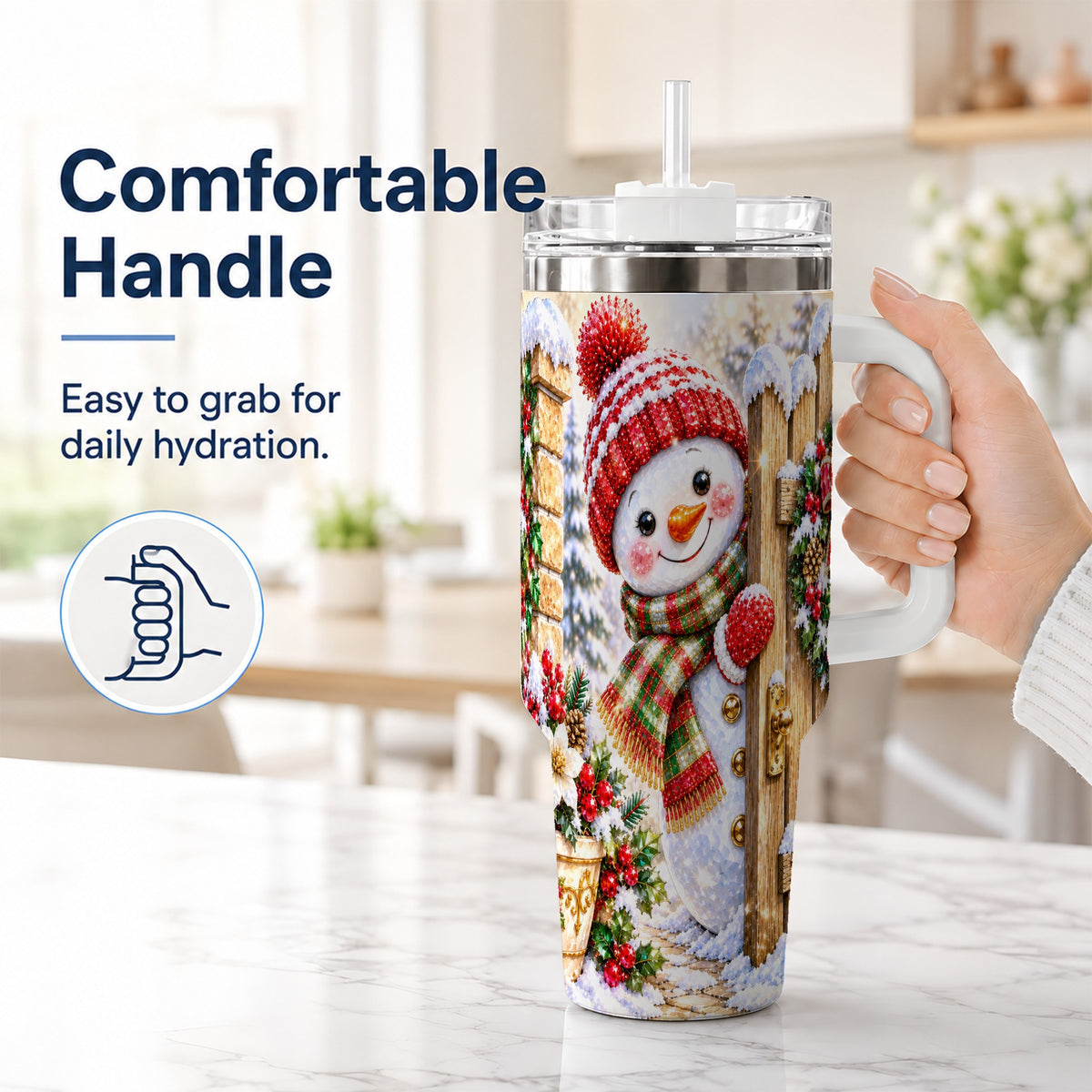 #pl[40oz|White] Jeweled Snowman 40oz Tumbler with Handle, Christmas Garden Travel Cup