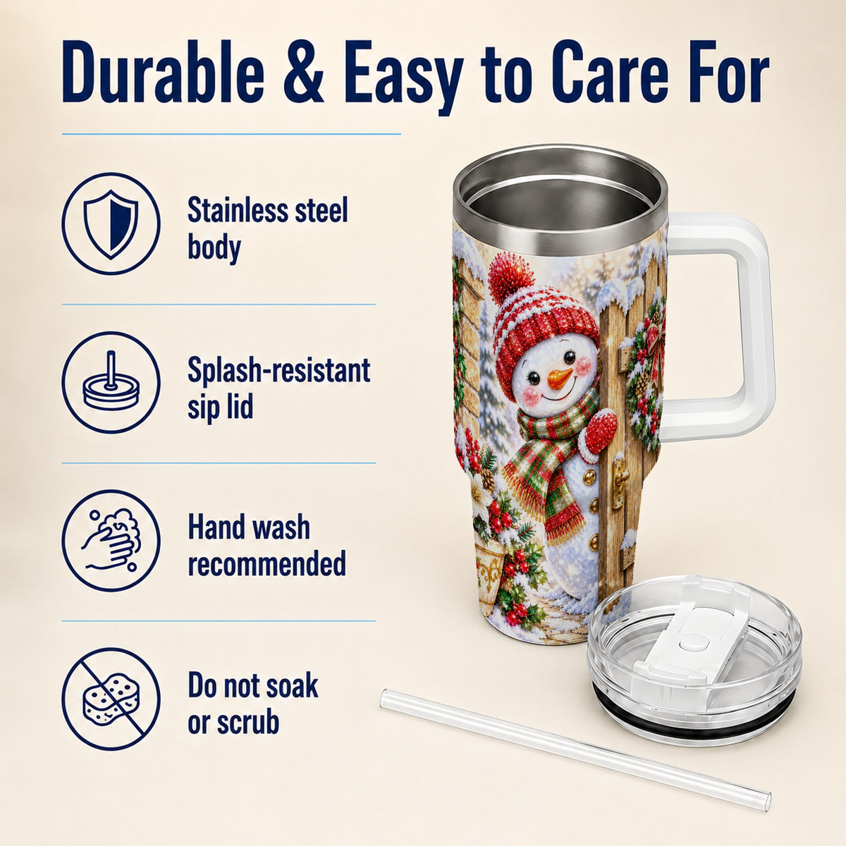 #pl[40oz|White] Jeweled Snowman 40oz Tumbler with Handle, Christmas Garden Travel Cup