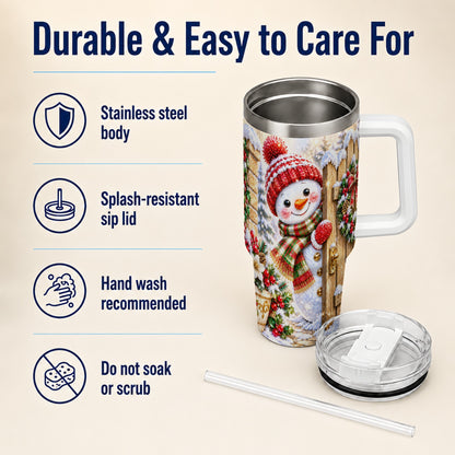 #pl[40oz|White] Jeweled Snowman 40oz Tumbler with Handle, Christmas Garden Travel Cup