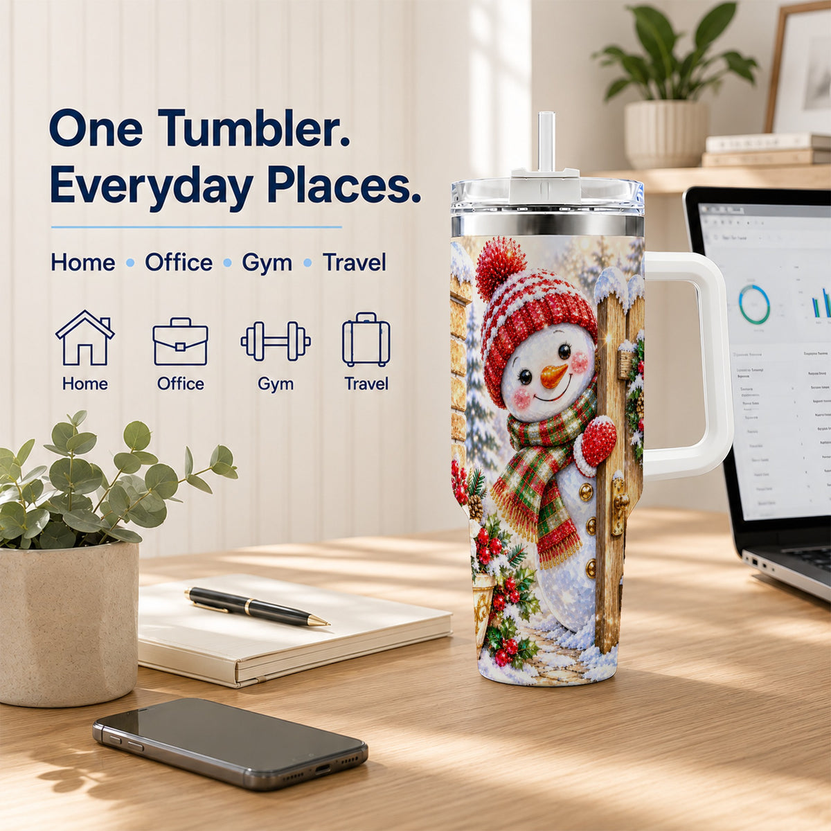 #pl[40oz|White] Jeweled Snowman 40oz Tumbler with Handle, Christmas Garden Travel Cup
