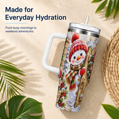 #pl[40oz|White] Jeweled Snowman 40oz Tumbler with Handle, Christmas Garden Travel Cup
