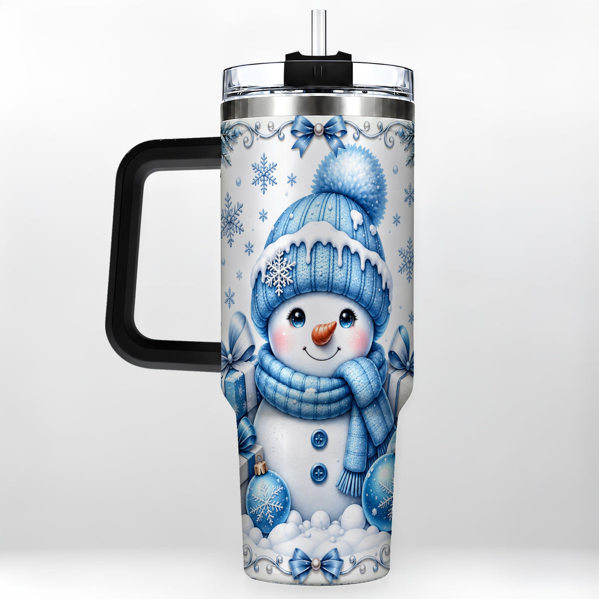 #pl[40oz|Black] Blue Snowman 40oz Tumbler with Handle, Christmas Snowflake Travel Cup