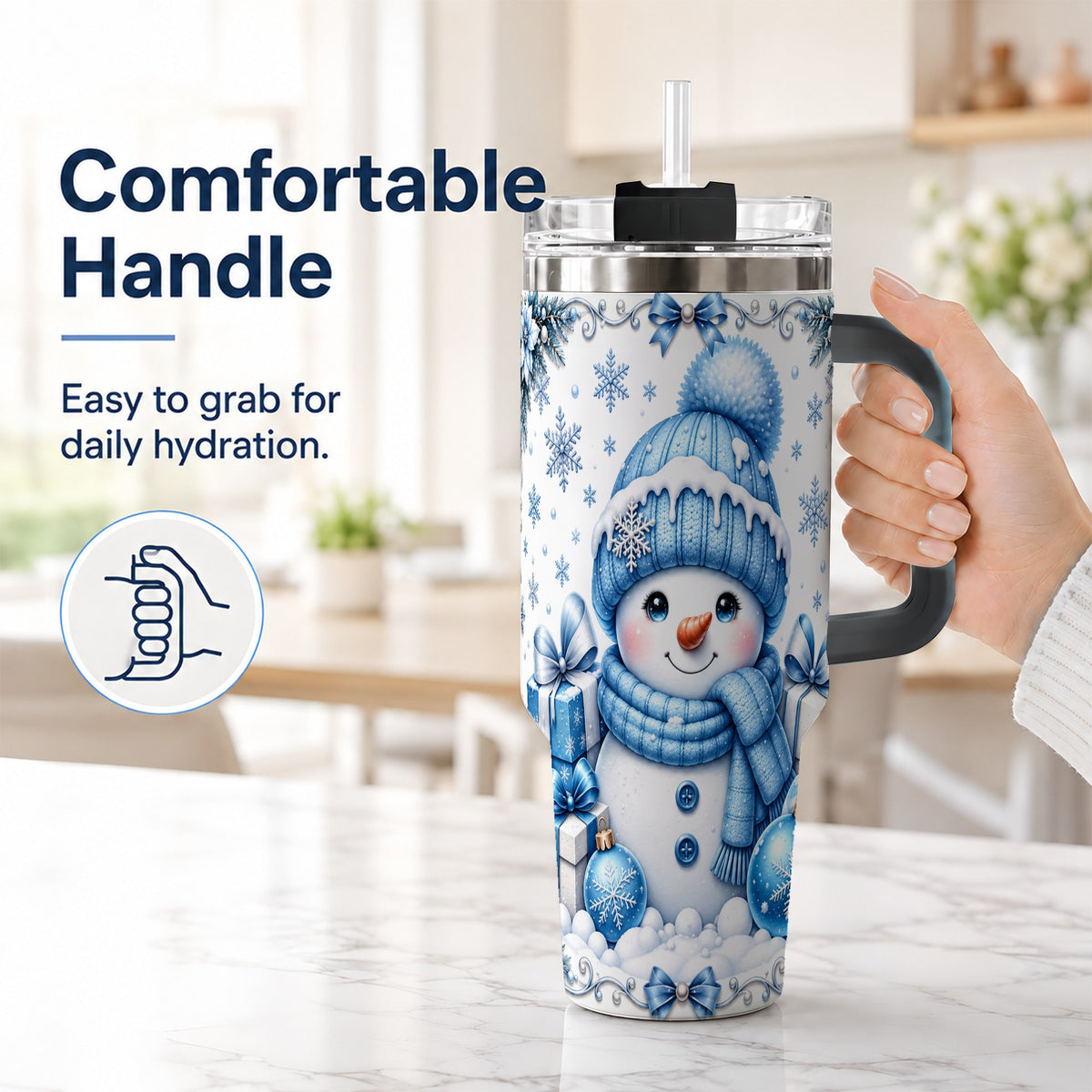 #pl[40oz|Black] Blue Snowman 40oz Tumbler with Handle, Christmas Snowflake Travel Cup
