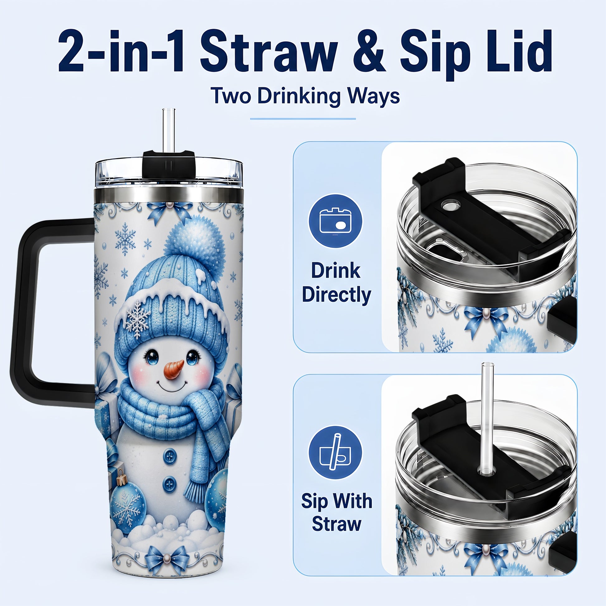 #pl[40oz|Black] Blue Snowman 40oz Tumbler with Handle, Christmas Snowflake Travel Cup