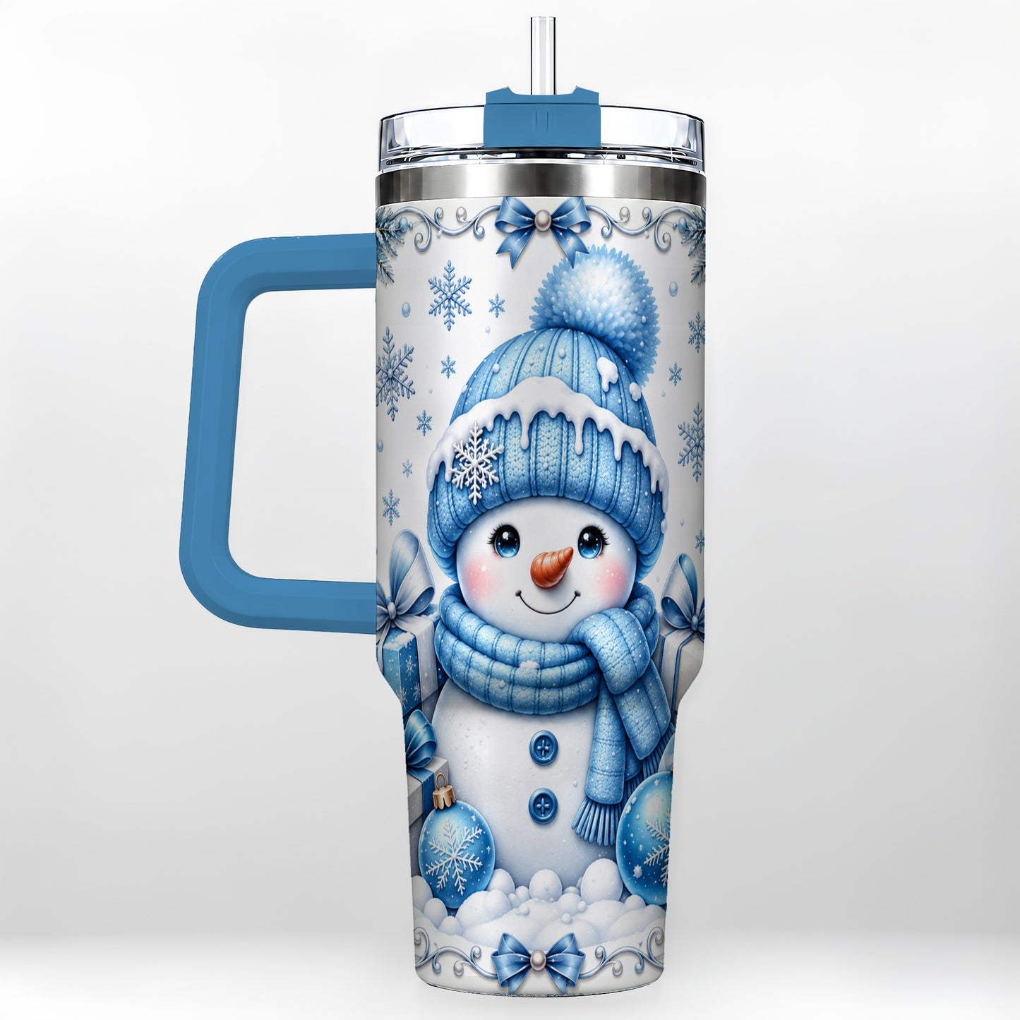 #pl[40oz|Blue] Blue Snowman 40oz Tumbler with Handle, Christmas Snowflake Travel Cup