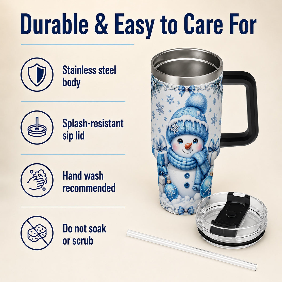 #pl[40oz|Black] Blue Snowman 40oz Tumbler with Handle, Christmas Snowflake Travel Cup