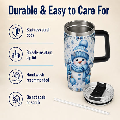 #pl[40oz|Black] Blue Snowman 40oz Tumbler with Handle, Christmas Snowflake Travel Cup