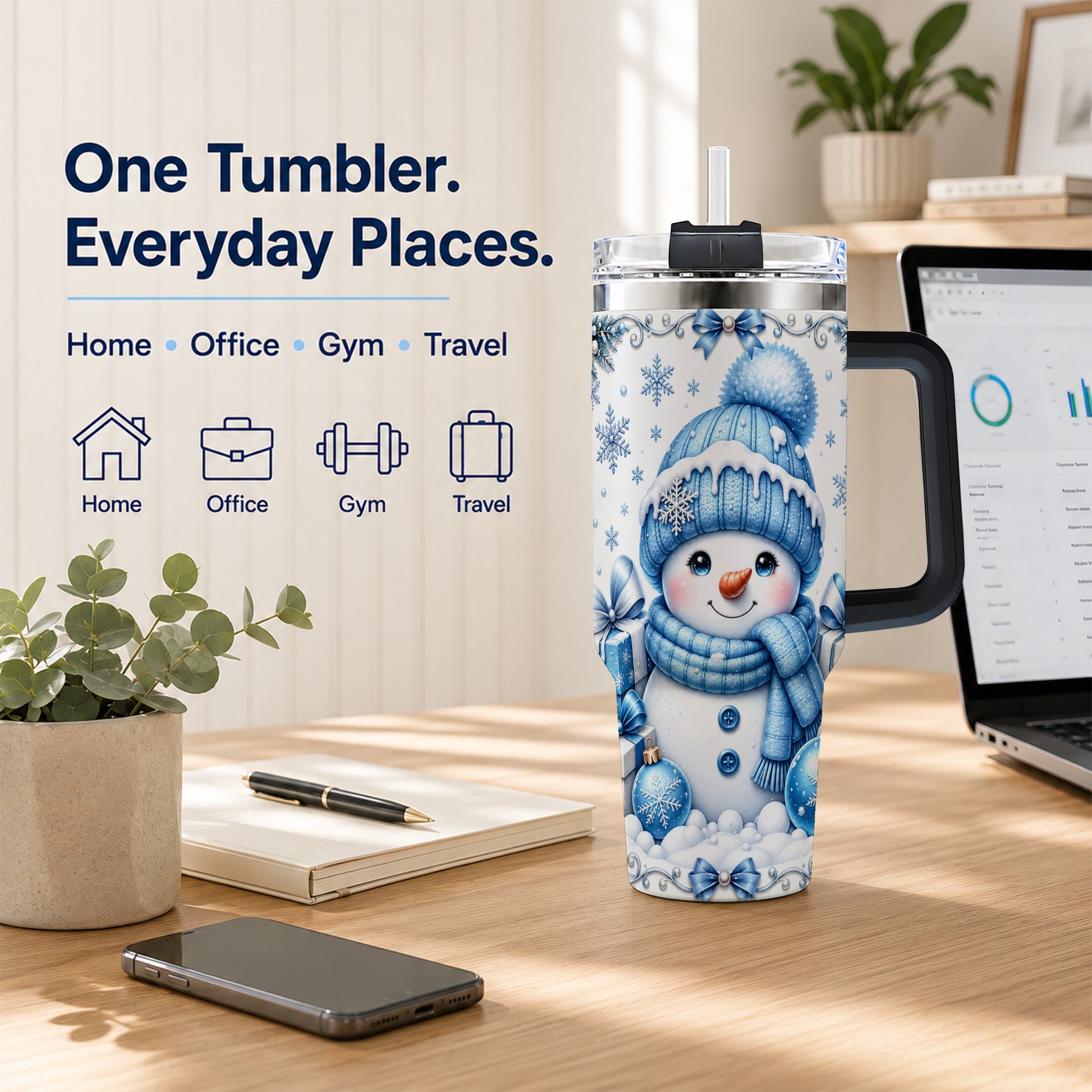 #pl[40oz|Black] Blue Snowman 40oz Tumbler with Handle, Christmas Snowflake Travel Cup