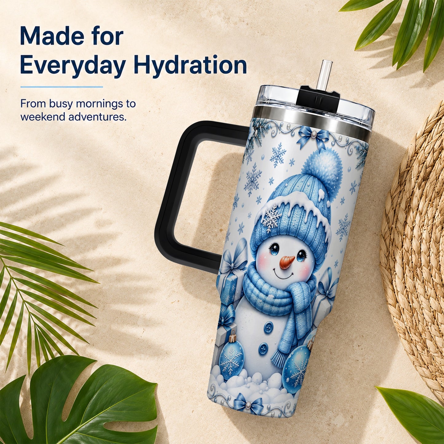 #pl[40oz|Black] Blue Snowman 40oz Tumbler with Handle, Christmas Snowflake Travel Cup