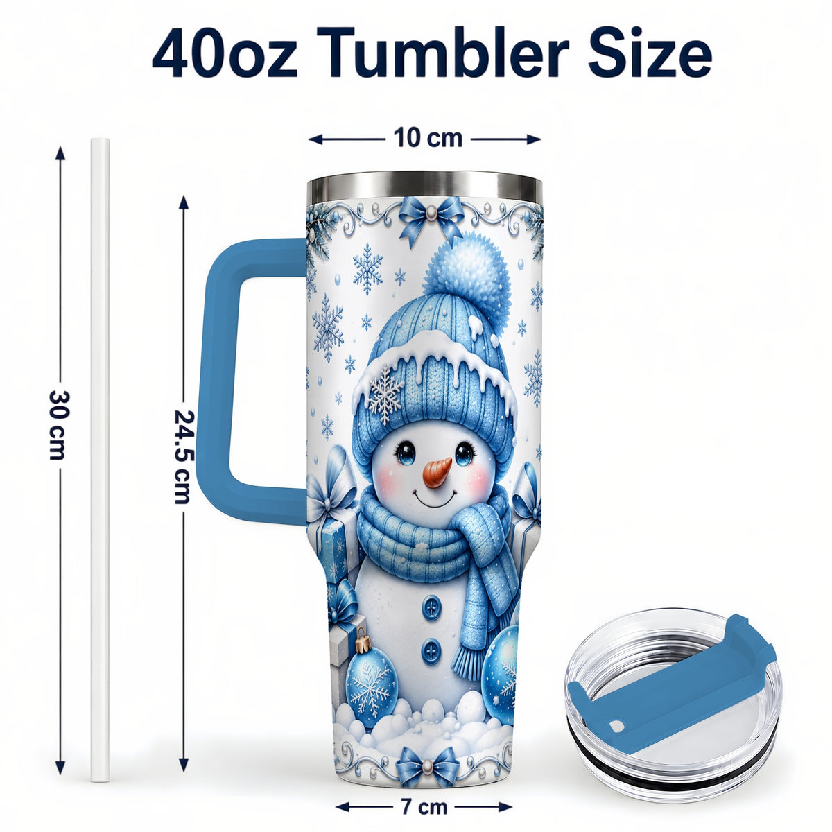 #pl[40oz|Blue] Blue Snowman 40oz Tumbler with Handle, Christmas Snowflake Travel Cup