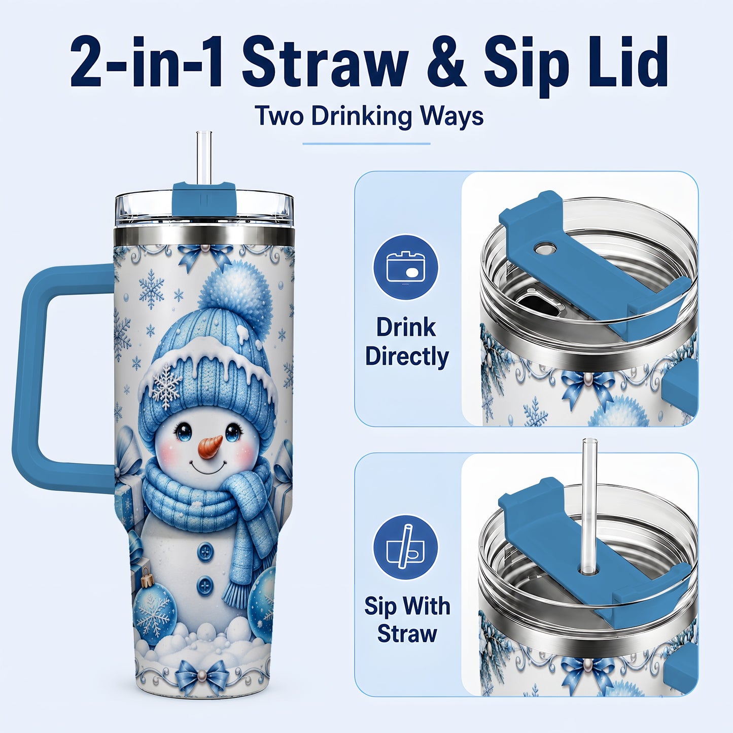 #pl[40oz|Blue] Blue Snowman 40oz Tumbler with Handle, Christmas Snowflake Travel Cup