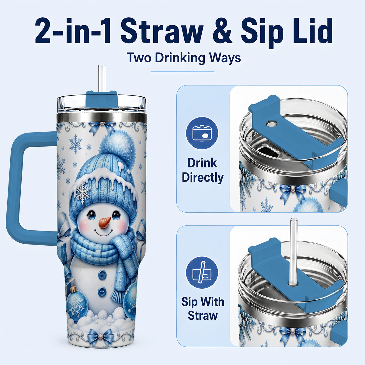 #pl[40oz|Blue] Blue Snowman 40oz Tumbler with Handle, Christmas Snowflake Travel Cup