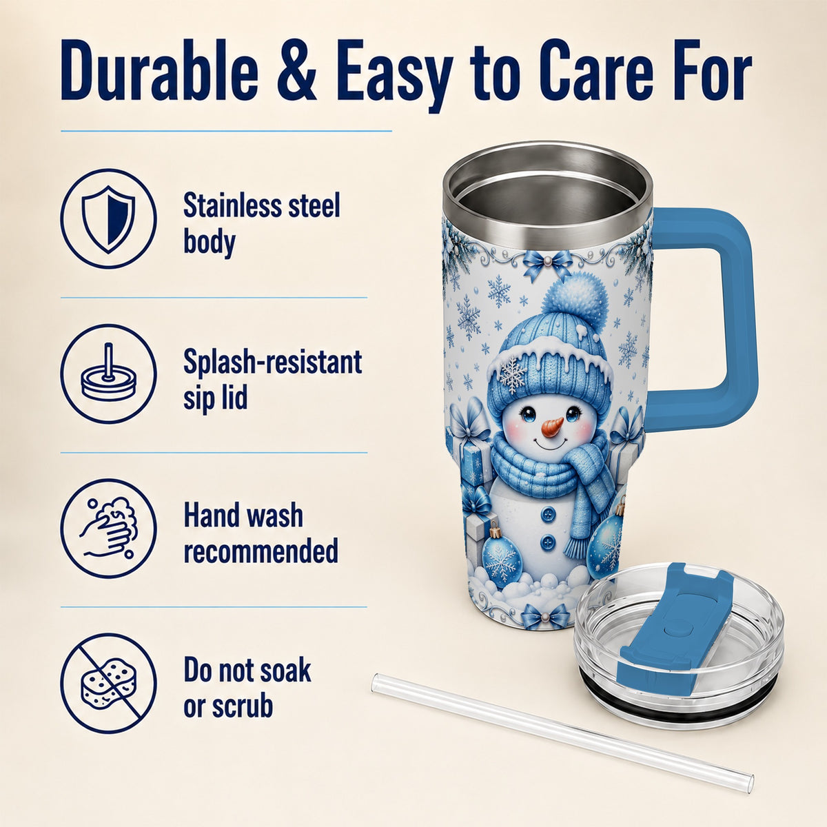 #pl[40oz|Blue] Blue Snowman 40oz Tumbler with Handle, Christmas Snowflake Travel Cup