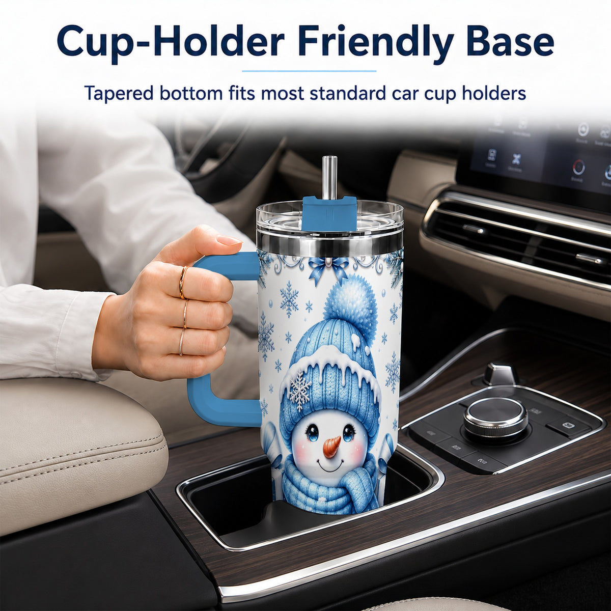 #pl[40oz|Blue] Blue Snowman 40oz Tumbler with Handle, Christmas Snowflake Travel Cup