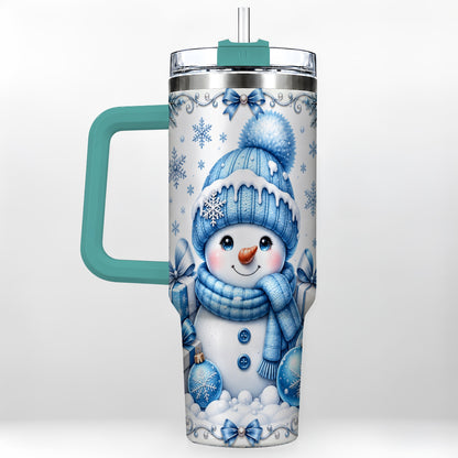 #pl[40oz|Green] Blue Snowman 40oz Tumbler with Handle, Christmas Snowflake Travel Cup
