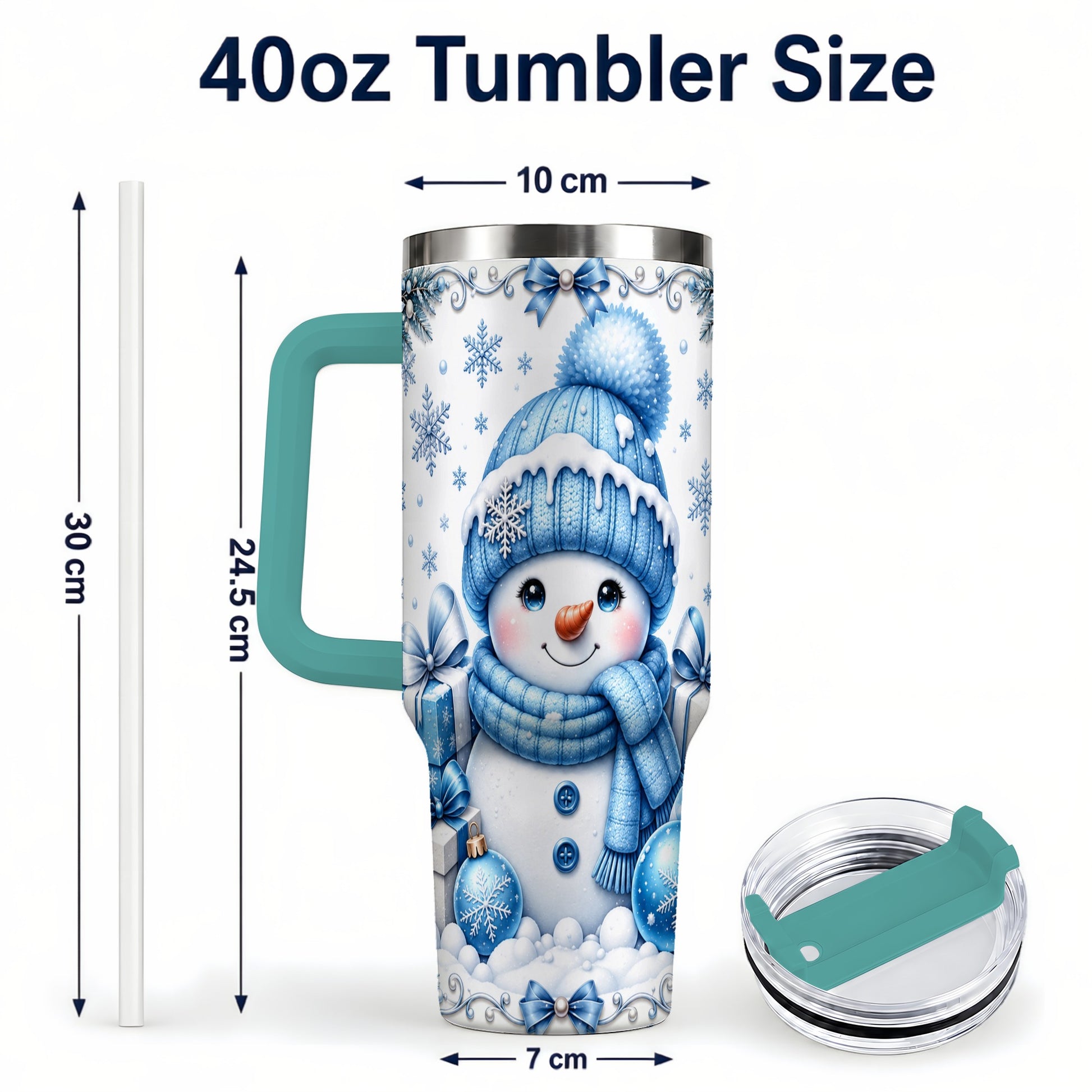 #pl[40oz|Green] Blue Snowman 40oz Tumbler with Handle, Christmas Snowflake Travel Cup