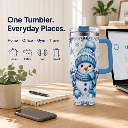 #pl[40oz|Blue] Blue Snowman 40oz Tumbler with Handle, Christmas Snowflake Travel Cup