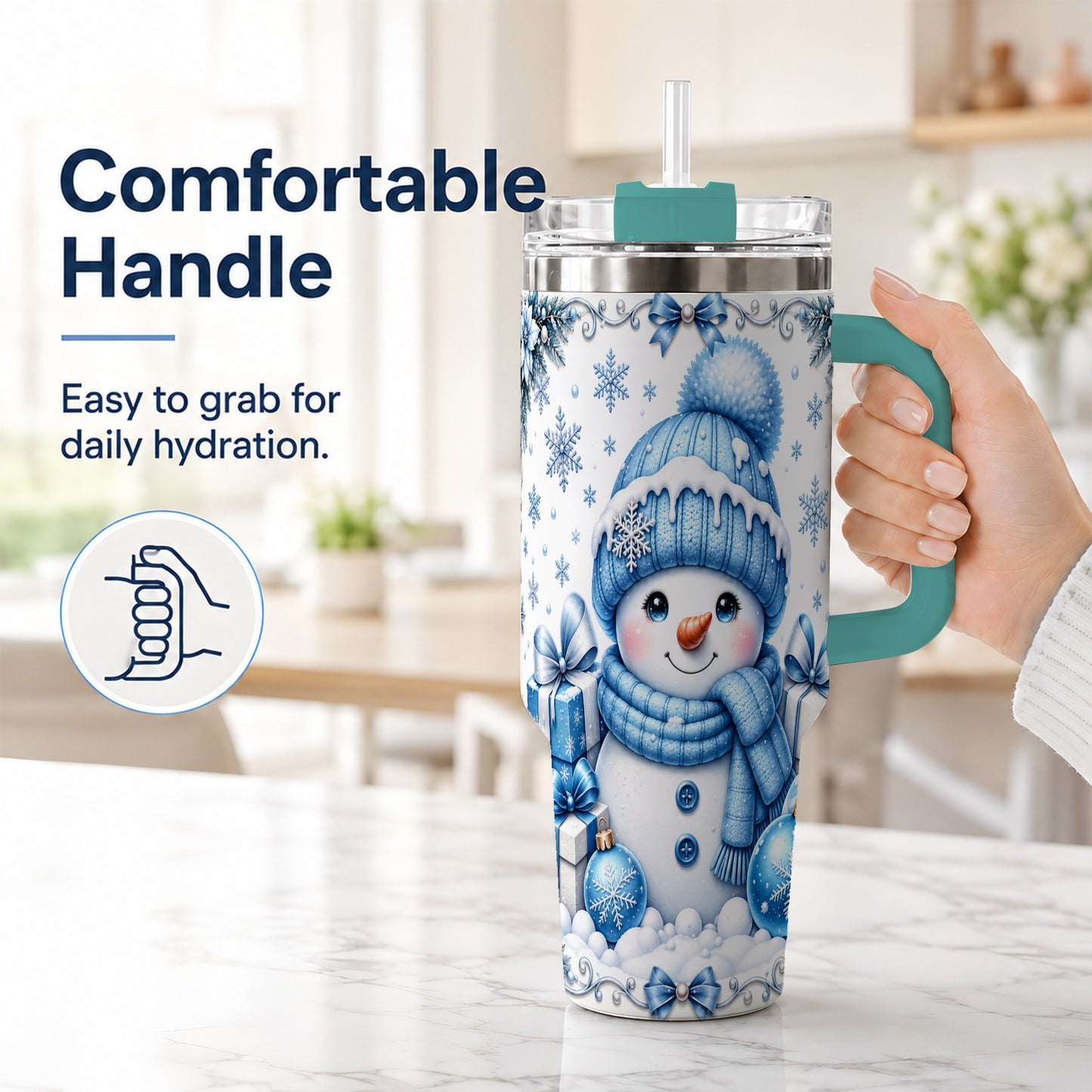 #pl[40oz|Green] Blue Snowman 40oz Tumbler with Handle, Christmas Snowflake Travel Cup