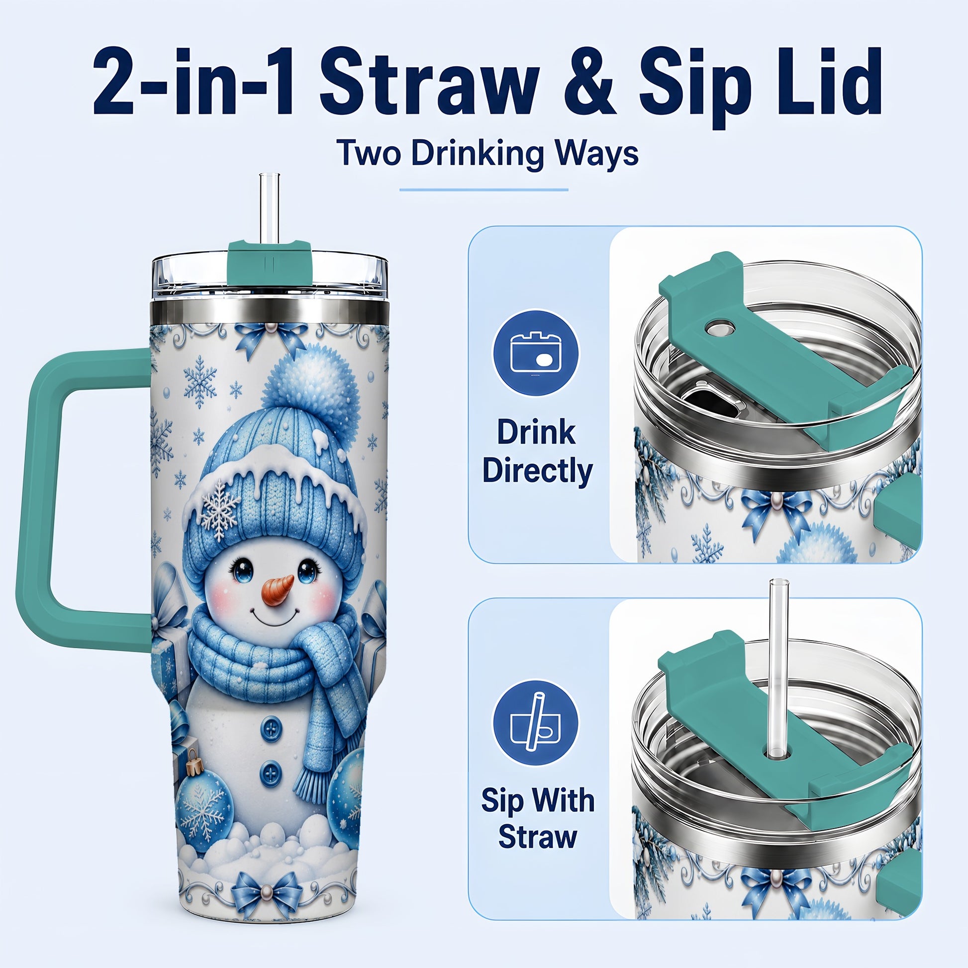 #pl[40oz|Green] Blue Snowman 40oz Tumbler with Handle, Christmas Snowflake Travel Cup