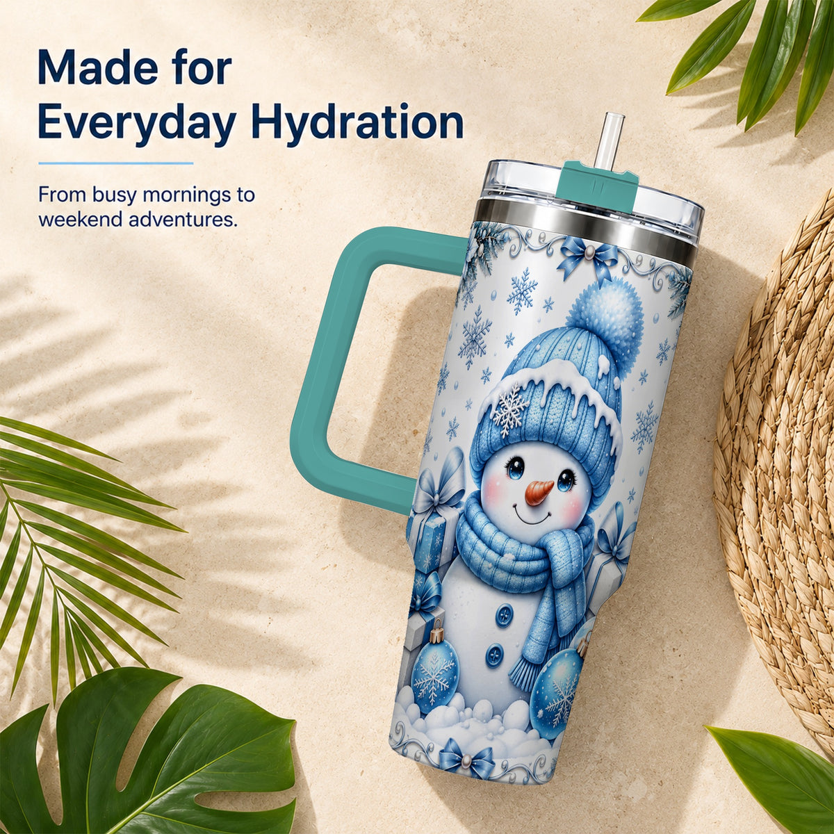 #pl[40oz|Green] Blue Snowman 40oz Tumbler with Handle, Christmas Snowflake Travel Cup