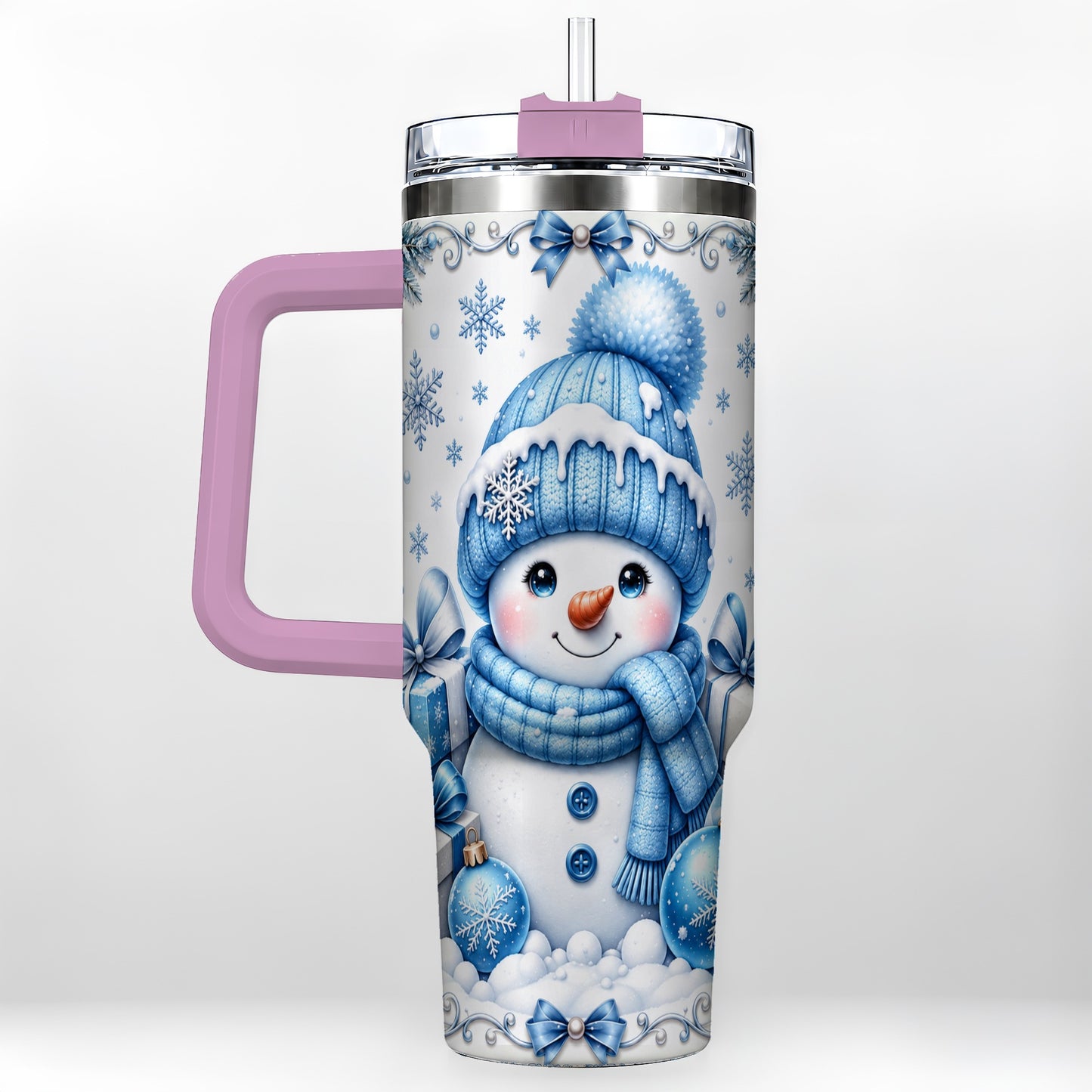 #pl[40oz|Pink] Blue Snowman 40oz Tumbler with Handle, Christmas Snowflake Travel Cup