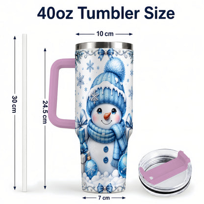 #pl[40oz|Pink] Blue Snowman 40oz Tumbler with Handle, Christmas Snowflake Travel Cup