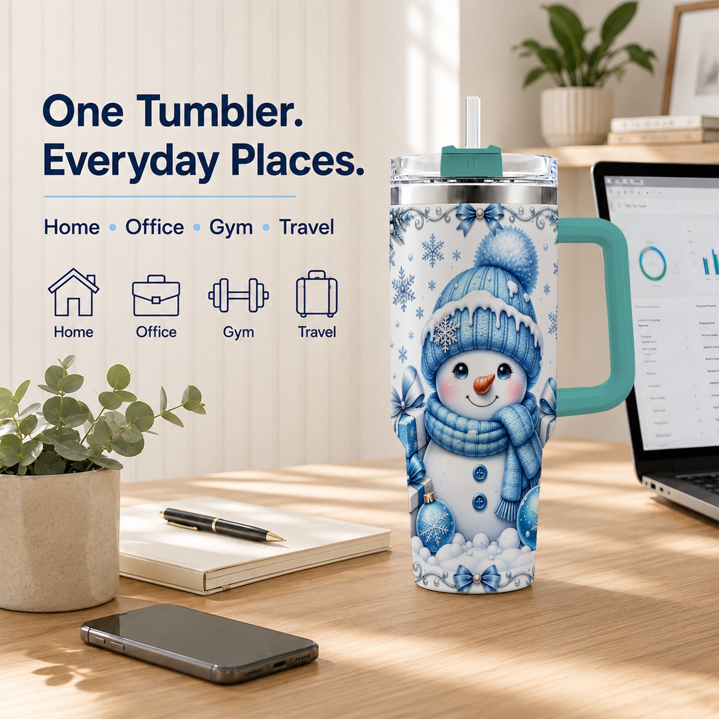 #pl[40oz|Green] Blue Snowman 40oz Tumbler with Handle, Christmas Snowflake Travel Cup