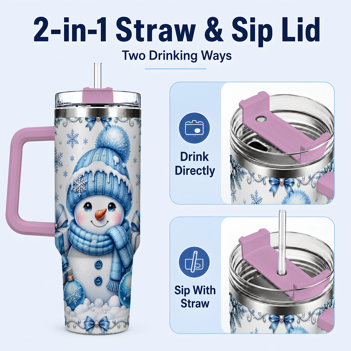 #pl[40oz|Pink] Blue Snowman 40oz Tumbler with Handle, Christmas Snowflake Travel Cup