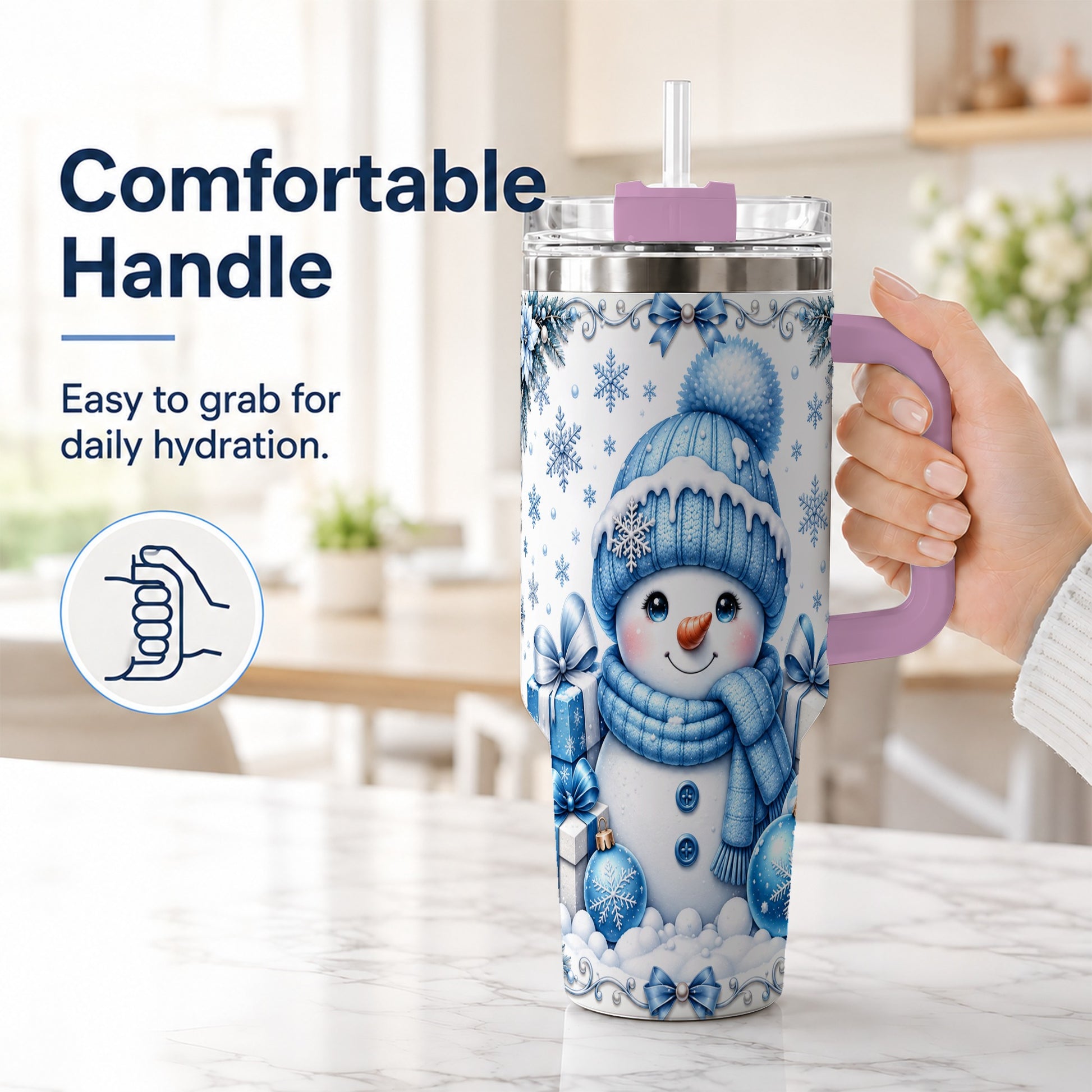 #pl[40oz|Pink] Blue Snowman 40oz Tumbler with Handle, Christmas Snowflake Travel Cup