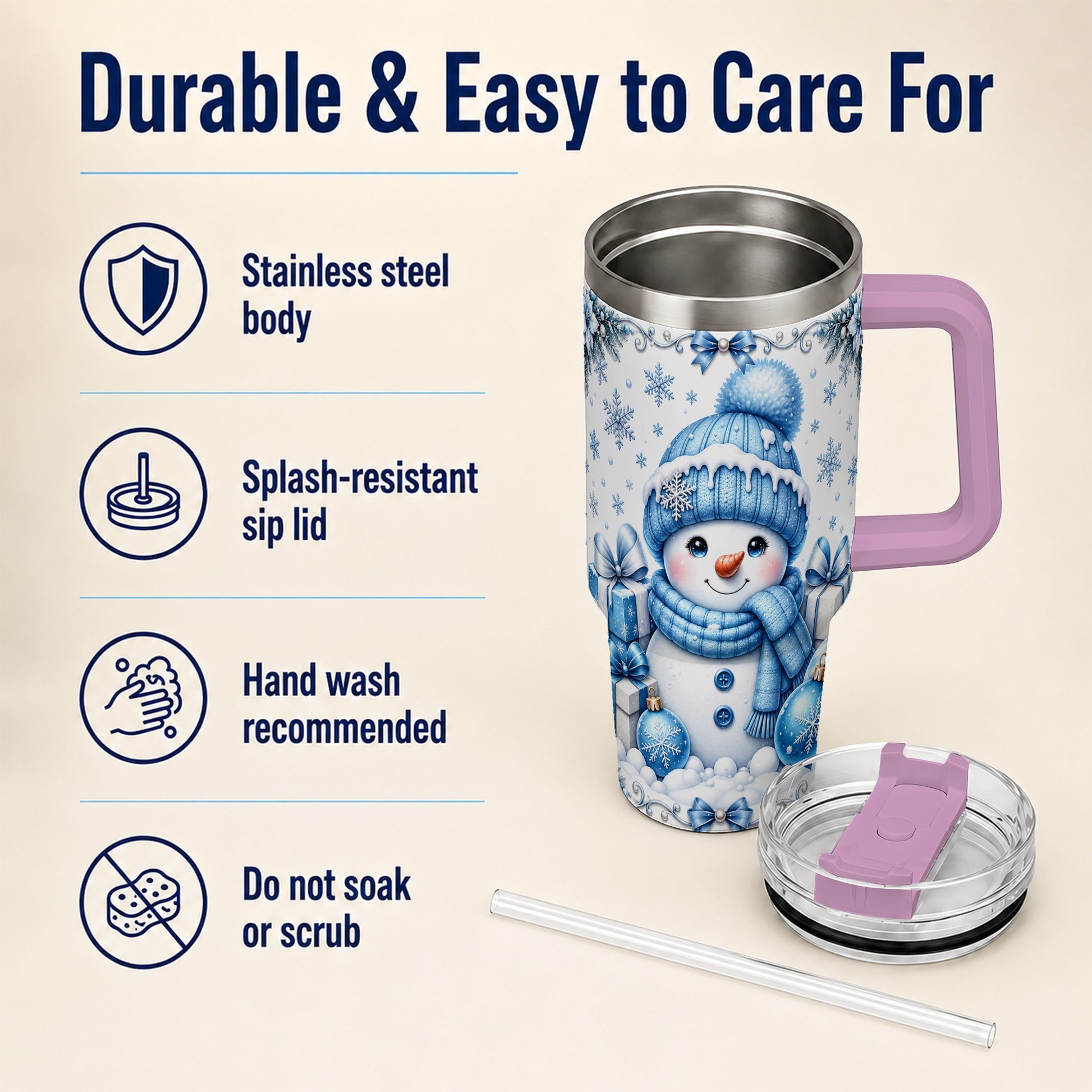 #pl[40oz|Pink] Blue Snowman 40oz Tumbler with Handle, Christmas Snowflake Travel Cup