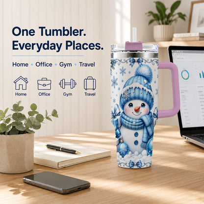 #pl[40oz|Pink] Blue Snowman 40oz Tumbler with Handle, Christmas Snowflake Travel Cup