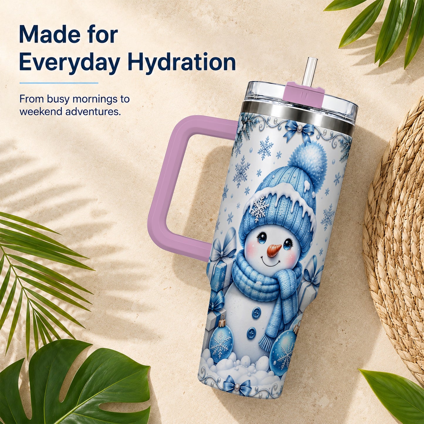 #pl[40oz|Pink] Blue Snowman 40oz Tumbler with Handle, Christmas Snowflake Travel Cup