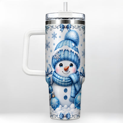 Blue Snowman 40oz Tumbler with Handle, Christmas Snowflake Travel Cup