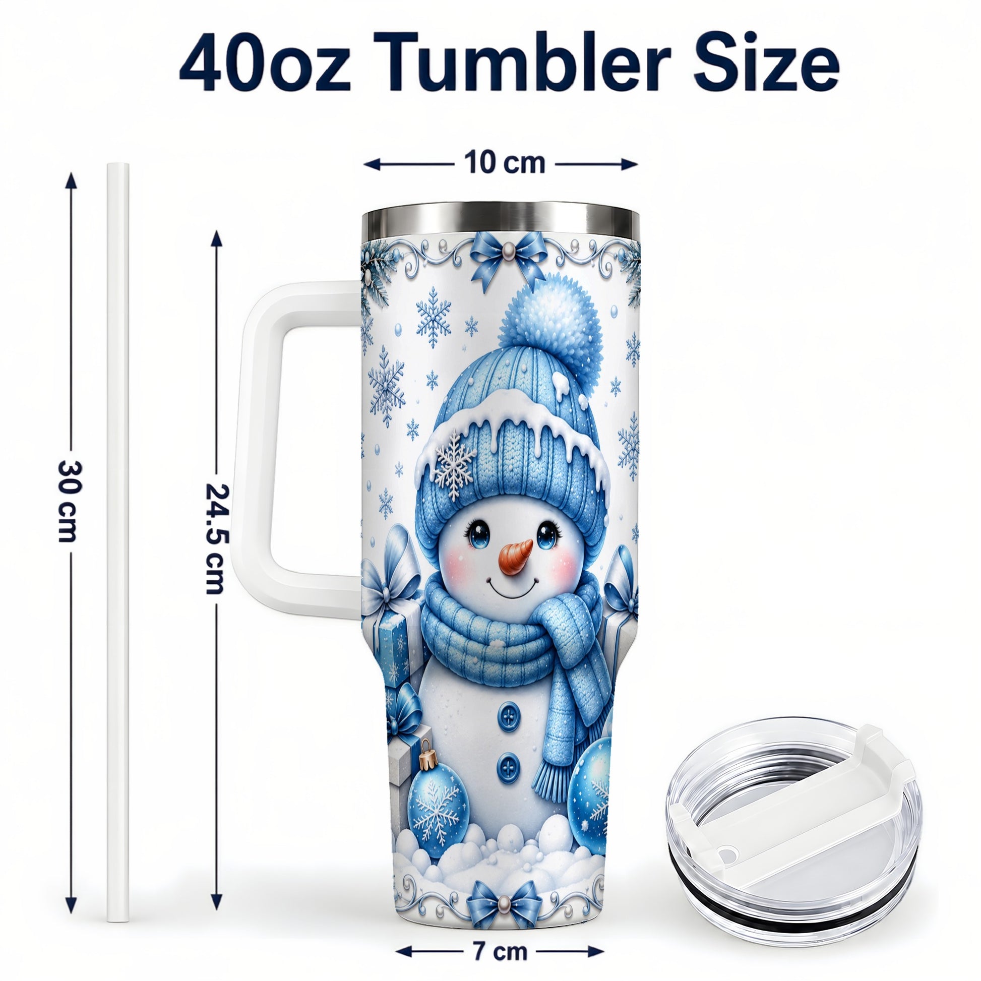 #pl[40oz|White] Blue Snowman 40oz Tumbler with Handle, Christmas Snowflake Travel Cup