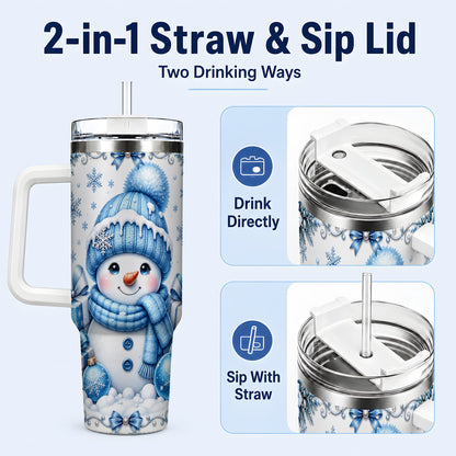 #pl[40oz|White] Blue Snowman 40oz Tumbler with Handle, Christmas Snowflake Travel Cup