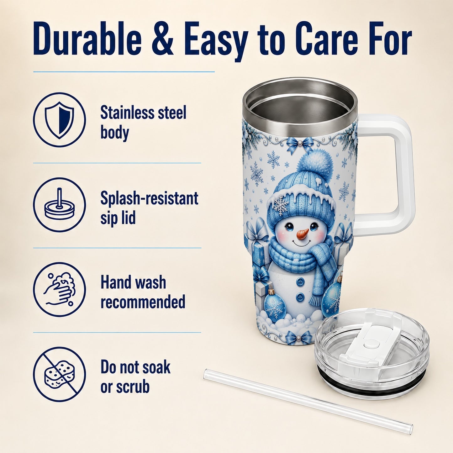 #pl[40oz|White] Blue Snowman 40oz Tumbler with Handle, Christmas Snowflake Travel Cup