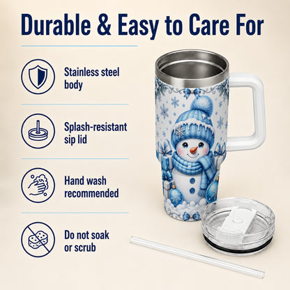 #pl[40oz|White] Blue Snowman 40oz Tumbler with Handle, Christmas Snowflake Travel Cup