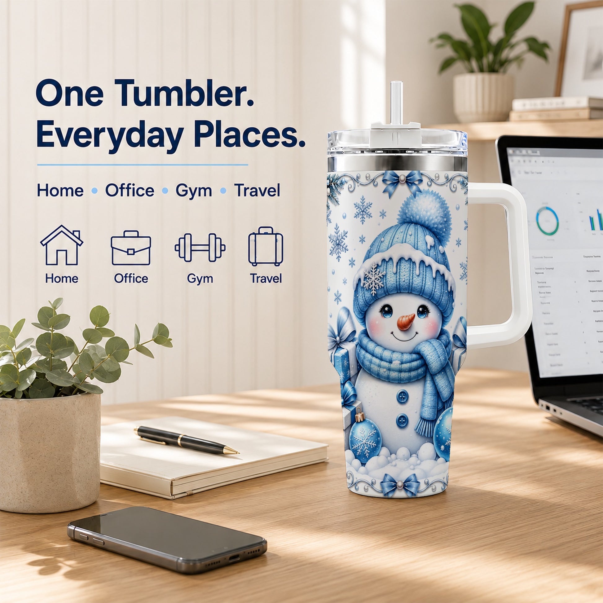 #pl[40oz|White] Blue Snowman 40oz Tumbler with Handle, Christmas Snowflake Travel Cup