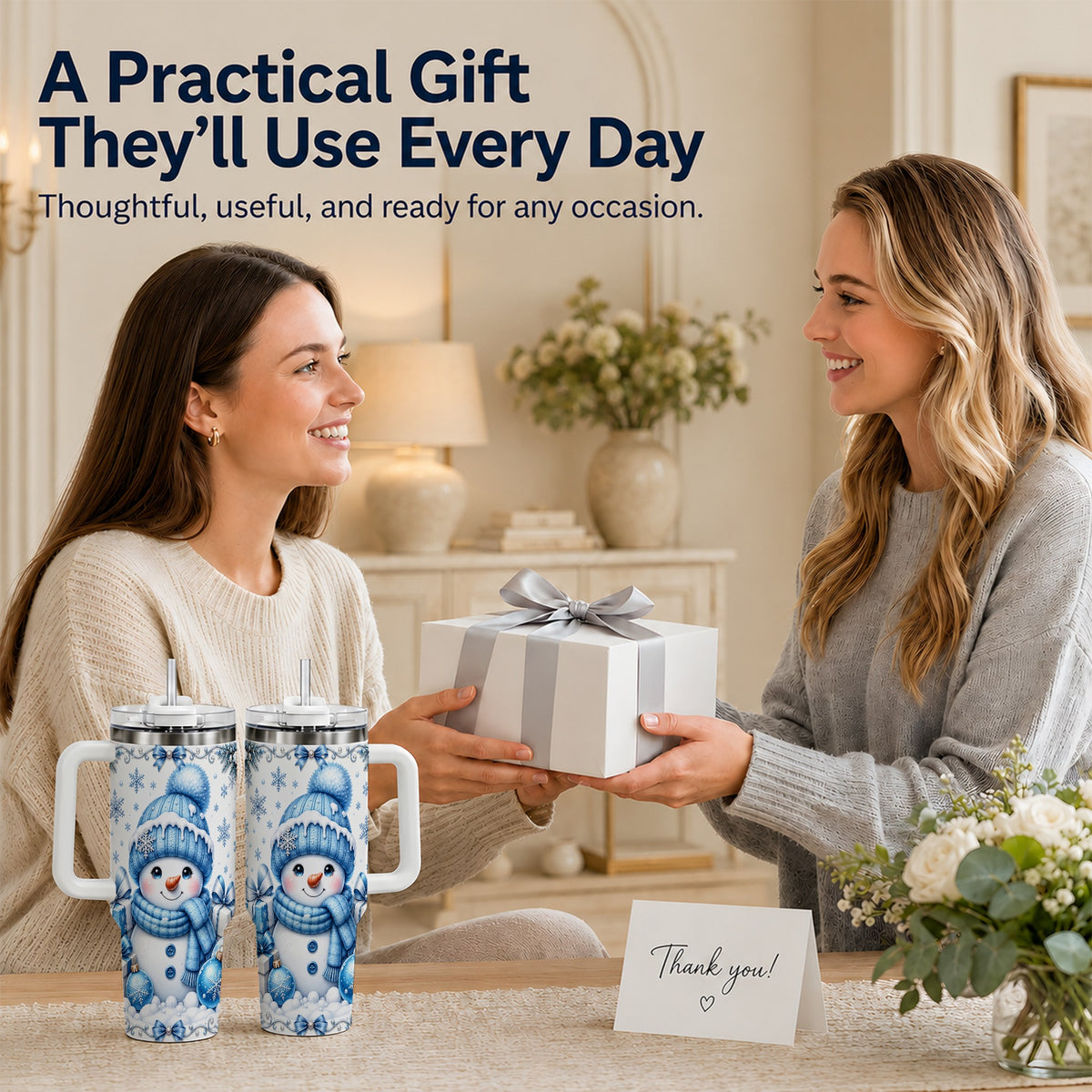 #pl[40oz|White] Blue Snowman 40oz Tumbler with Handle, Christmas Snowflake Travel Cup