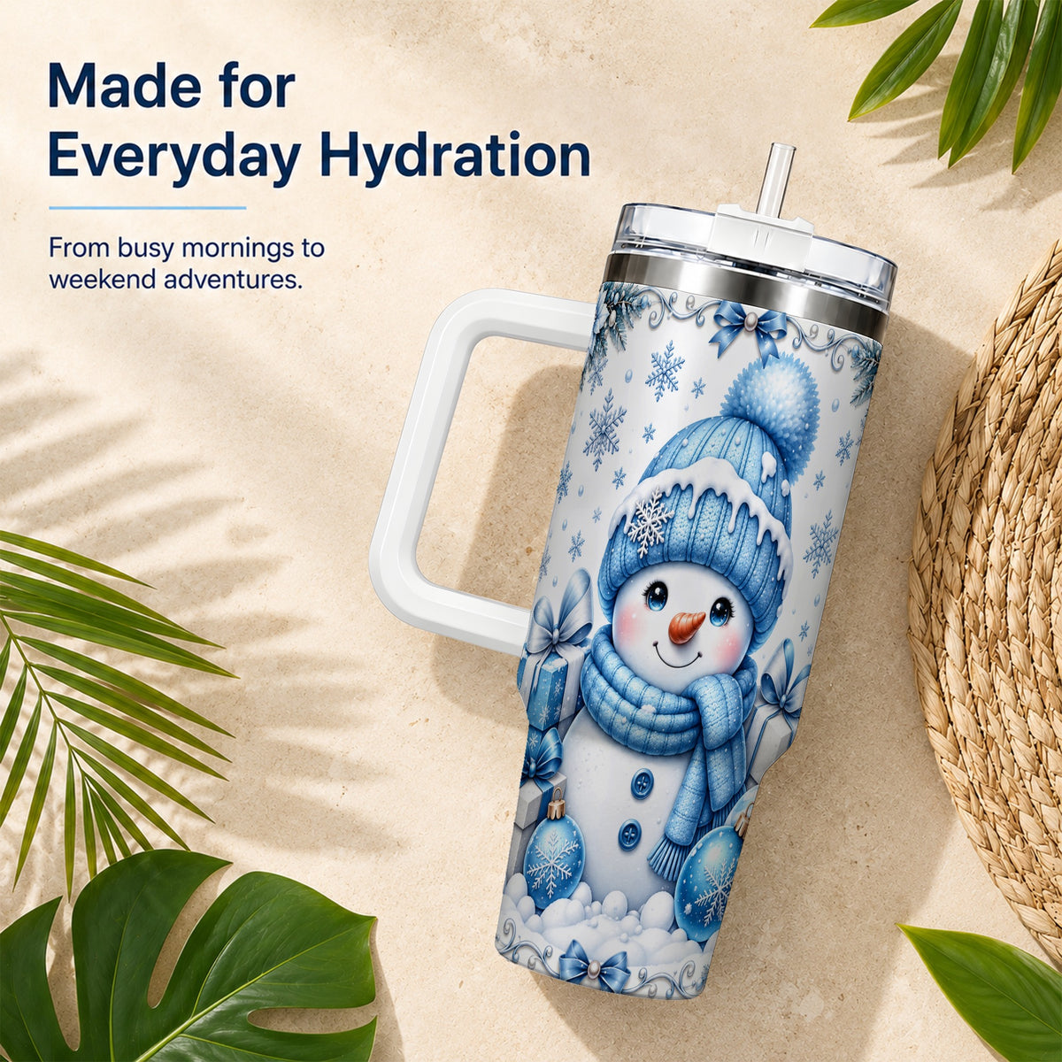 #pl[40oz|White] Blue Snowman 40oz Tumbler with Handle, Christmas Snowflake Travel Cup