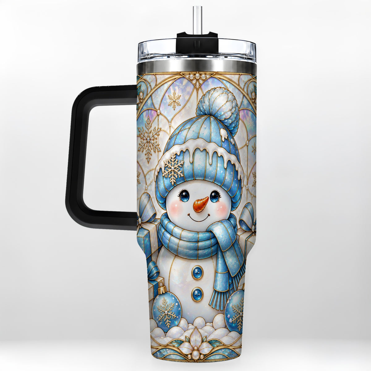 #pl[40oz|Black] Blue Snowman 40oz Tumbler with Handle, Winter Stainless Steel Travel Cup
