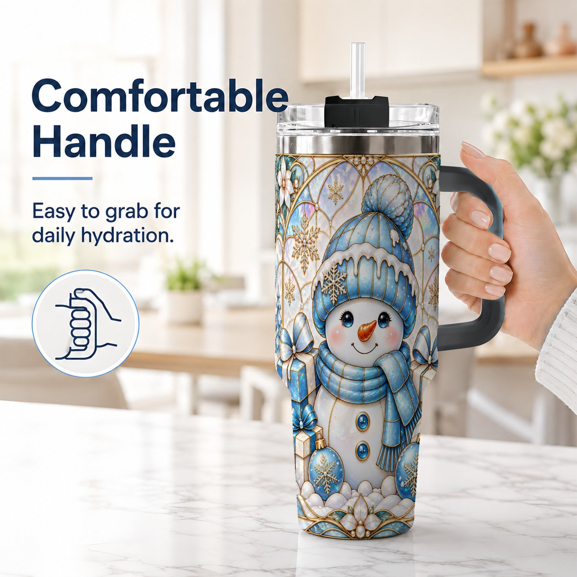#pl[40oz|Black] Blue Snowman 40oz Tumbler with Handle, Winter Stainless Steel Travel Cup