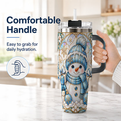 #pl[40oz|Black] Blue Snowman 40oz Tumbler with Handle, Winter Stainless Steel Travel Cup
