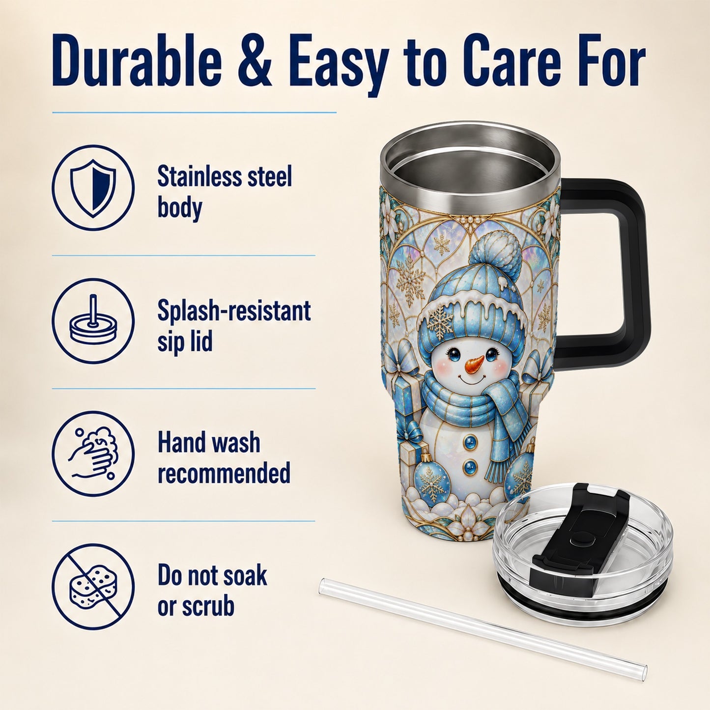 #pl[40oz|Black] Blue Snowman 40oz Tumbler with Handle, Winter Stainless Steel Travel Cup