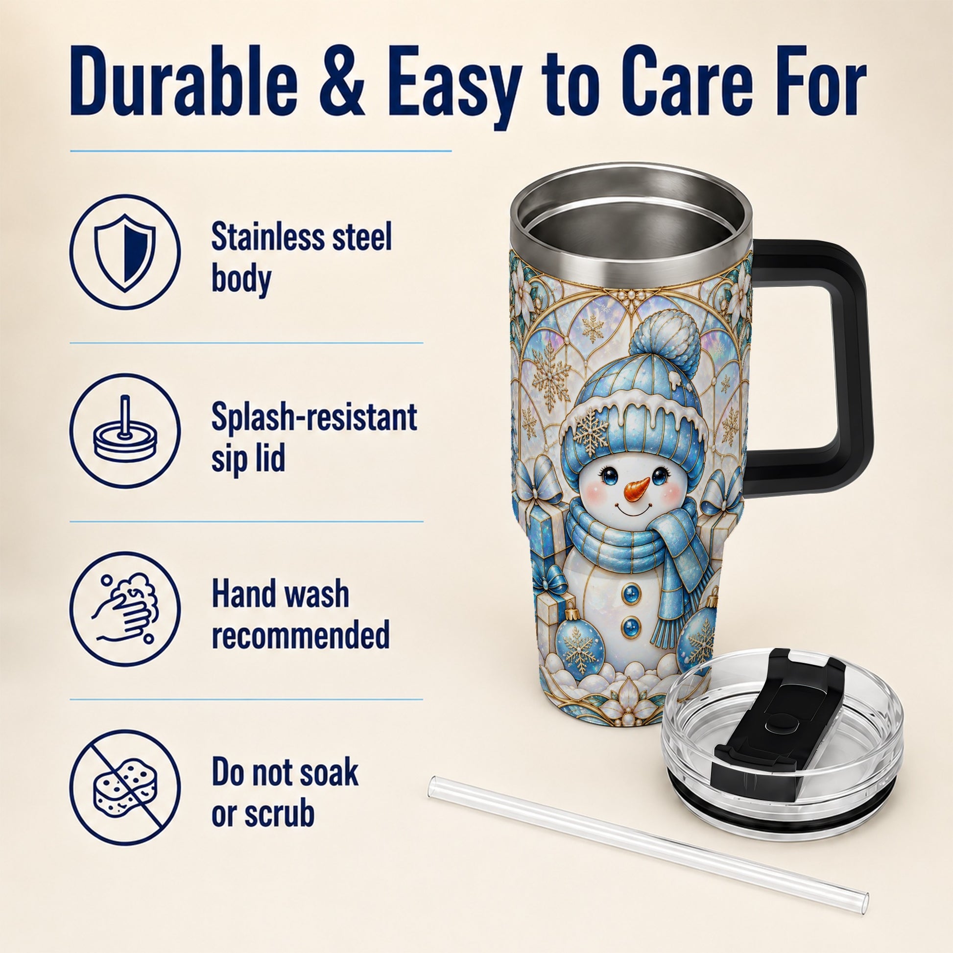 #pl[40oz|Black] Blue Snowman 40oz Tumbler with Handle, Winter Stainless Steel Travel Cup