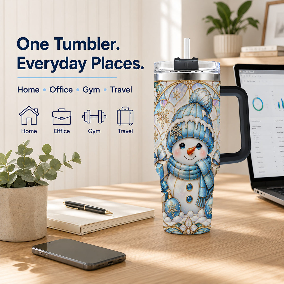 #pl[40oz|Black] Blue Snowman 40oz Tumbler with Handle, Winter Stainless Steel Travel Cup