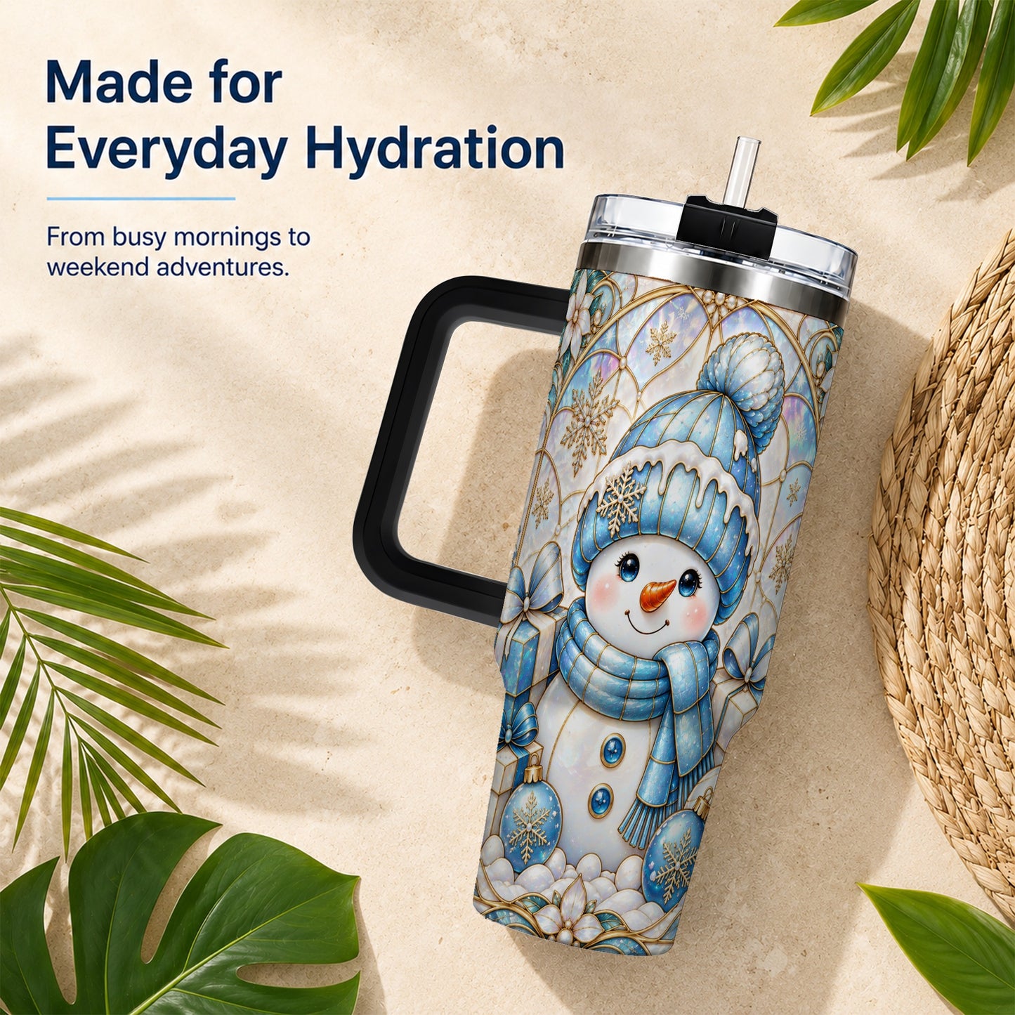 #pl[40oz|Black] Blue Snowman 40oz Tumbler with Handle, Winter Stainless Steel Travel Cup