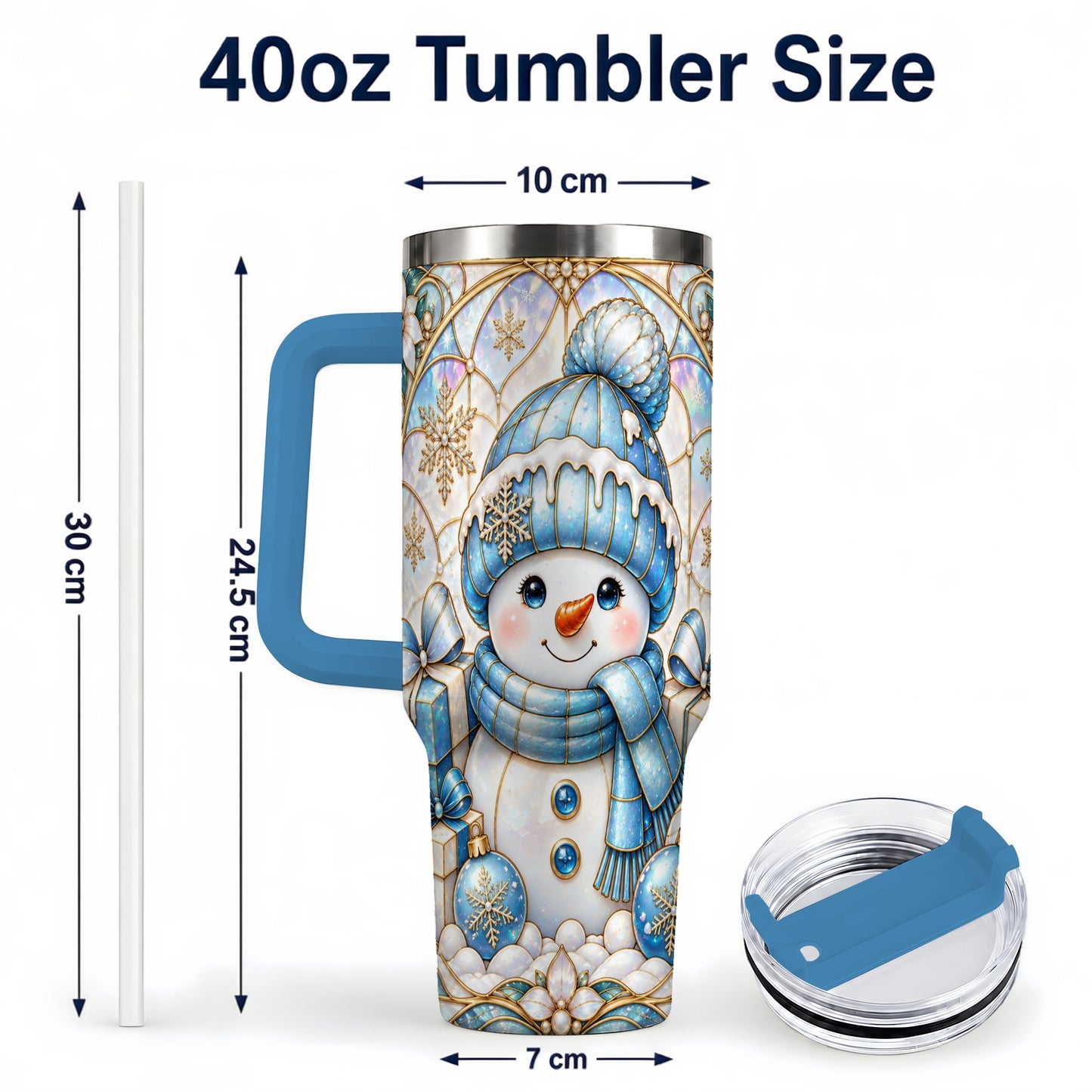#pl[40oz|Blue] Blue Snowman 40oz Tumbler with Handle, Winter Stainless Steel Travel Cup